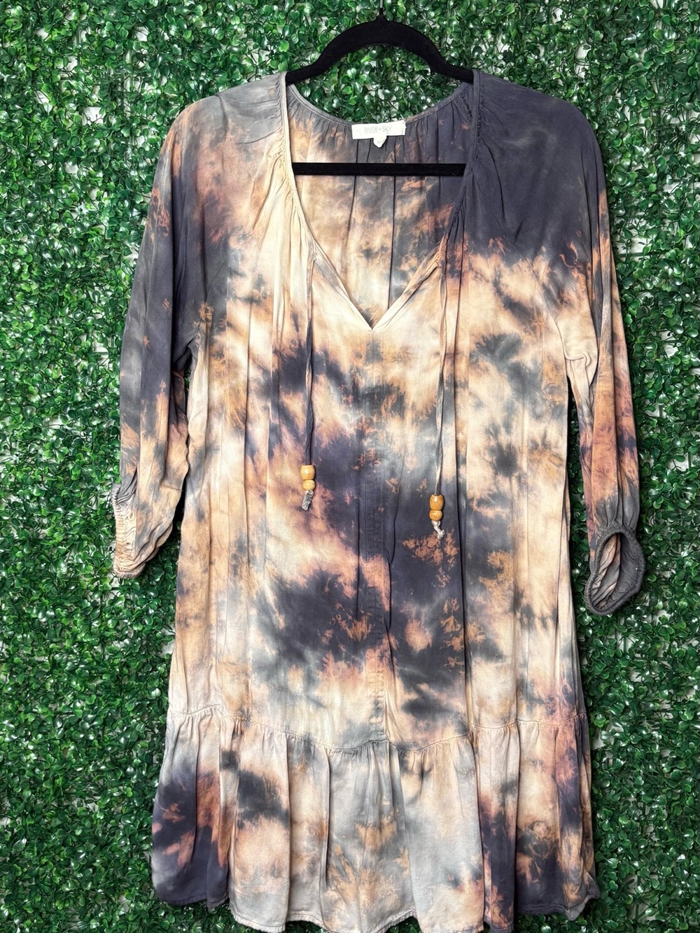River + Sky Black and Brown Tie-Dye V-Neck Midi Dress with Tassel Beads